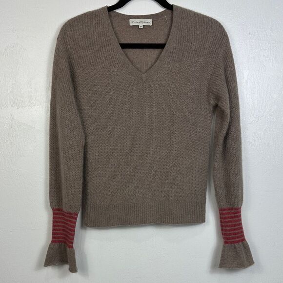 White + Warren Taupe Cashmere V-Neck Bell Sleeve Sweater Size XS - Picture 1 of 8